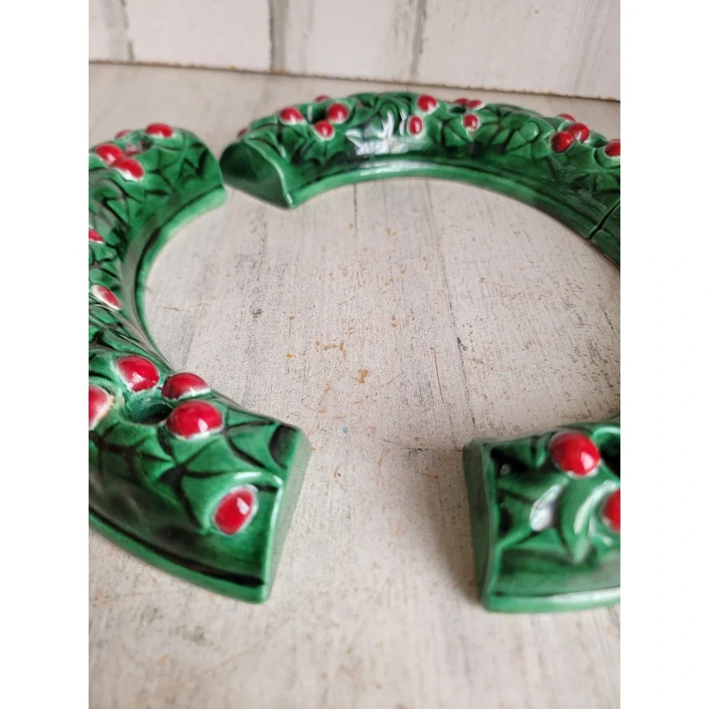 Vintage ceramic wreath centerpiece candle holder Xmas set mistletoe home